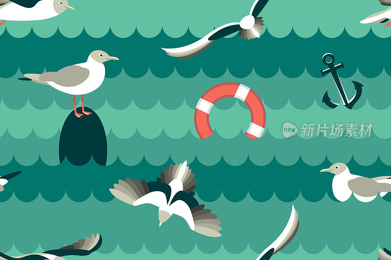 The seagulls. Seamless pattern with sea birds in the style of flat. Vector illustration.